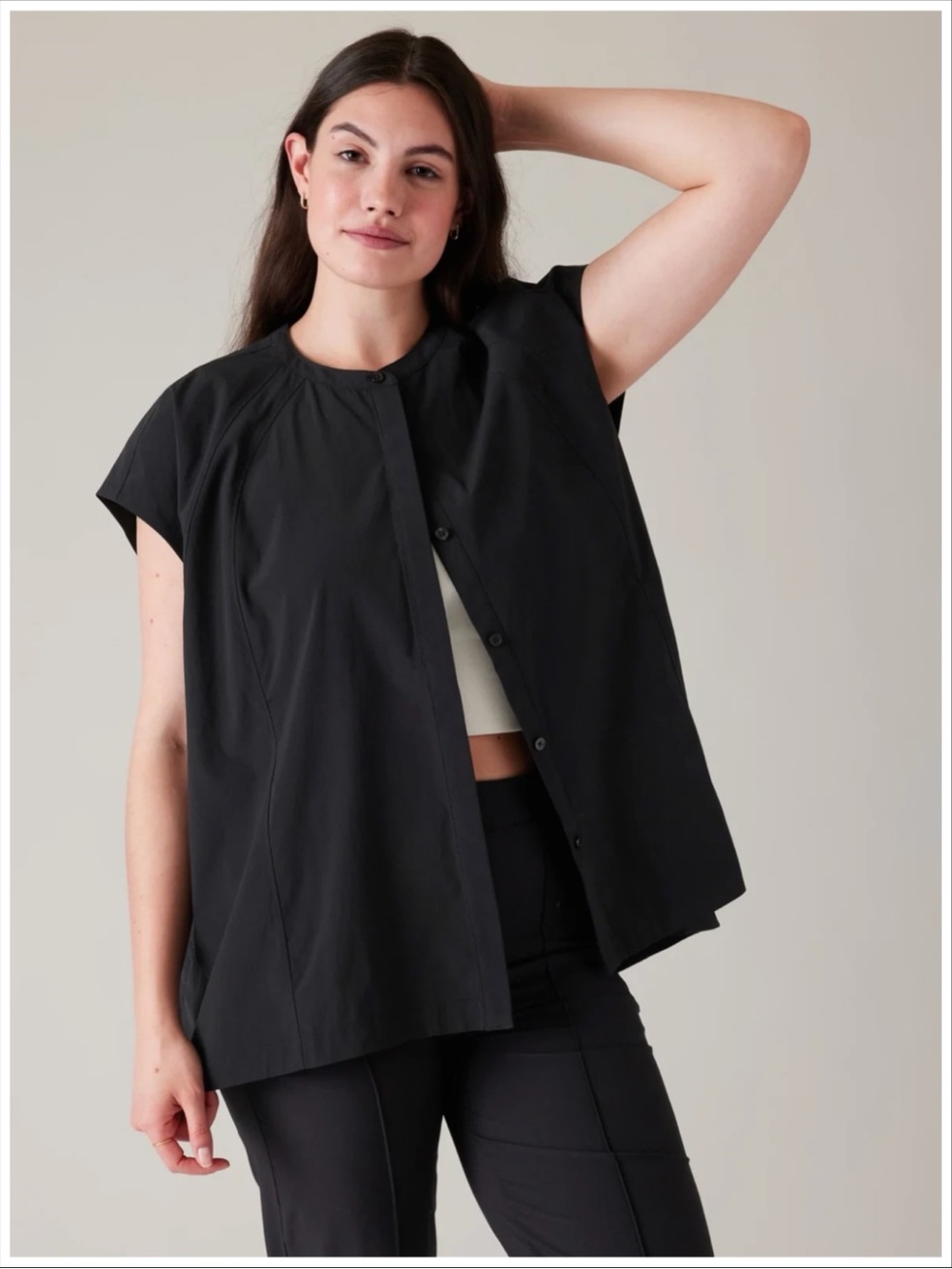 Athleta Performance Poplin Popover Top | Black | #587913 | [D13]